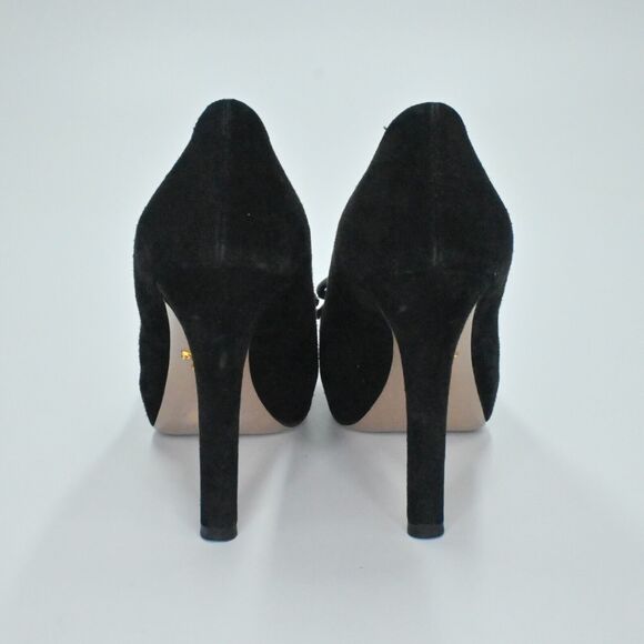 PRADA Heels Womens Size 36 Calzature Black Suede Gold Hardware Bow Milan Square - Picture 4 of 13